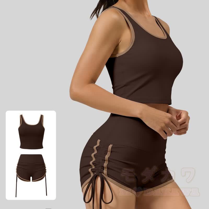 Casual Crop Tank Side Drawstring Shorts Yoga Two Pieces Set - Coffee - 2XL - image 8