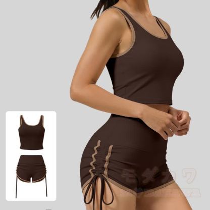 Casual Crop Tank Side Drawstring Shorts Yoga Two Pieces Set - Coffee - 2XL - image 8