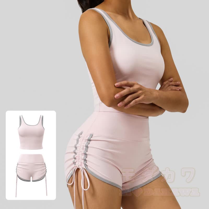 Casual Crop Tank Side Drawstring Shorts Yoga Two Pieces Set - Pink - 2XL - image 7