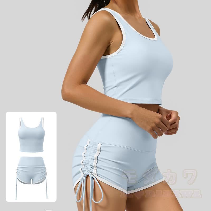 Casual Crop Tank Side Drawstring Shorts Yoga Two Pieces Set - Blue - 2XL - image 5