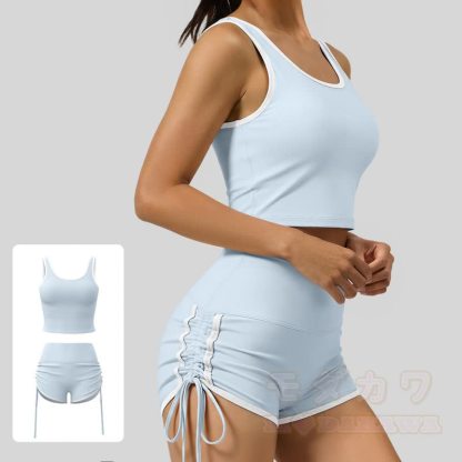 Casual Crop Tank Side Drawstring Shorts Yoga Two Pieces Set - Blue - 2XL - image 5