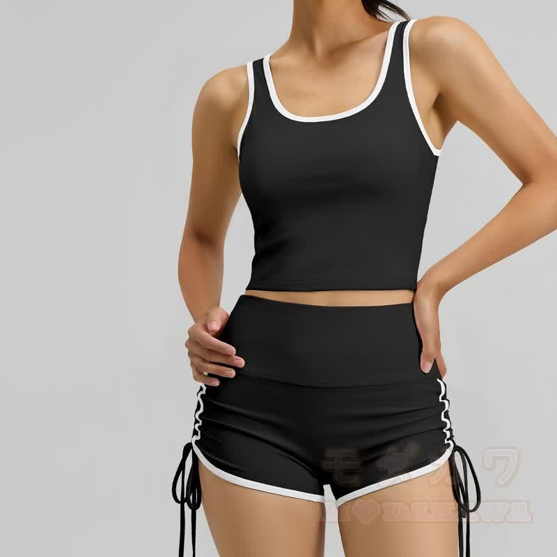 Casual Crop Tank Side Drawstring Shorts Yoga Two Pieces Set - image 3