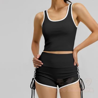 Casual Crop Tank Side Drawstring Shorts Yoga Two Pieces Set - image 3