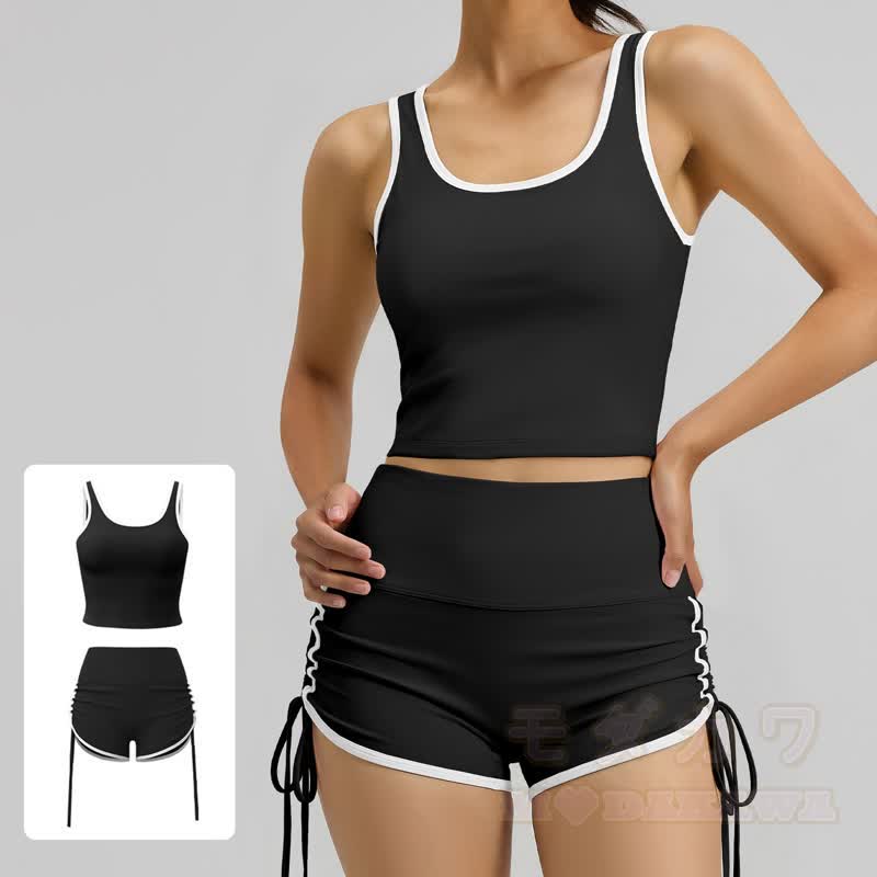 Casual Crop Tank Side Drawstring Shorts Yoga Two Pieces Set - image 2