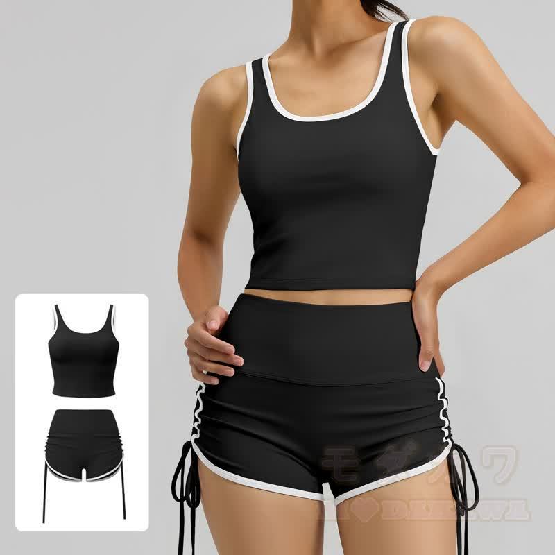Casual Crop Tank Side Drawstring Shorts Yoga Two Pieces Set - image 2