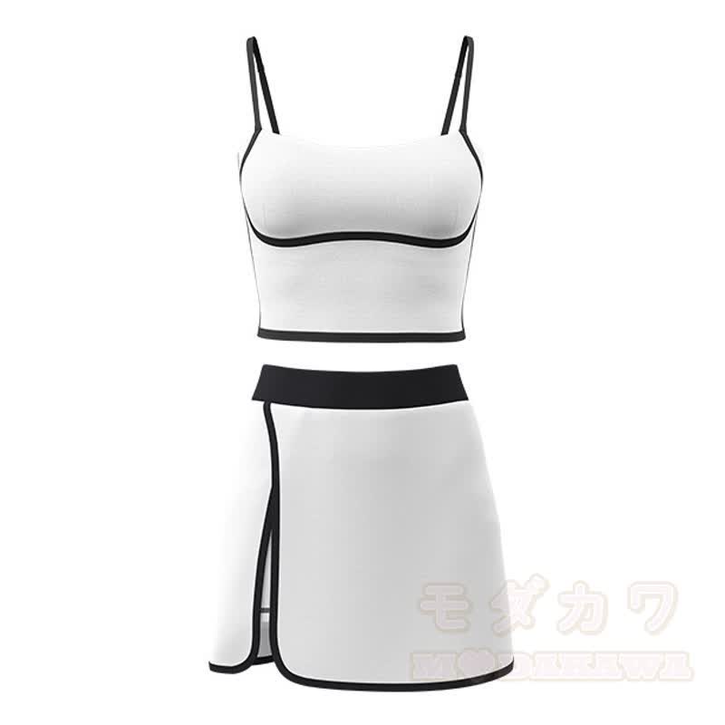 Casual Cami Crop Top Split Skort Yoga Two Pieces Set - White - 2XL - image 18