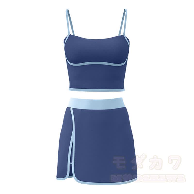 Casual Cami Crop Top Split Skort Yoga Two Pieces Set - Blue - 2XL - image 17