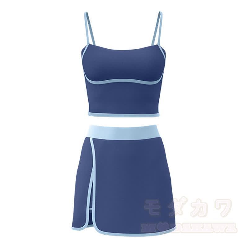 Casual Cami Crop Top Split Skort Yoga Two Pieces Set - Blue - 2XL - image 17
