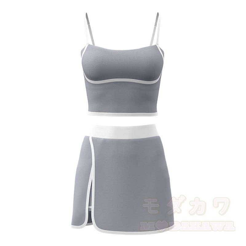Casual Cami Crop Top Split Skort Yoga Two Pieces Set - Grey - 2XL - image 20