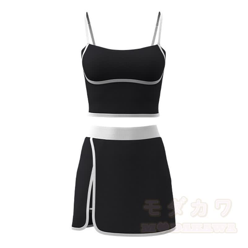 Casual Cami Crop Top Split Skort Yoga Two Pieces Set - Black - 2XL - image 19