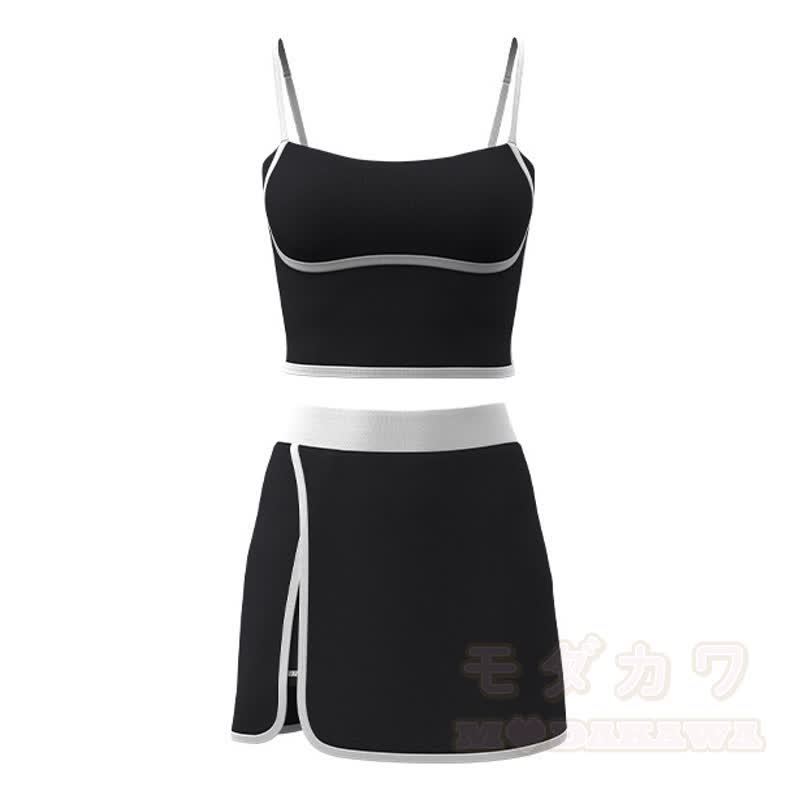 Casual Cami Crop Top Split Skort Yoga Two Pieces Set - Black - 2XL - image 19