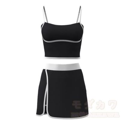 Casual Cami Crop Top Split Skort Yoga Two Pieces Set - Black - 2XL - image 19
