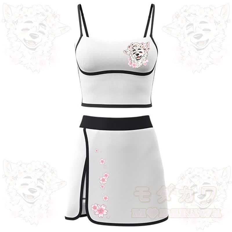 MODAKAWA X atka Cherry Blossom Wolf Print Cami Top Split Skort Two Pieces Set - White - 2XL - image 4