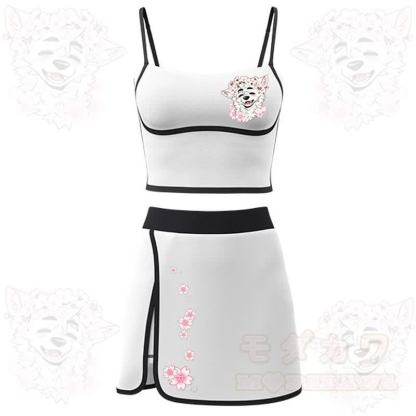 MODAKAWA X atka Cherry Blossom Wolf Print Cami Top Split Skort Two Pieces Set - White - 2XL - image 4