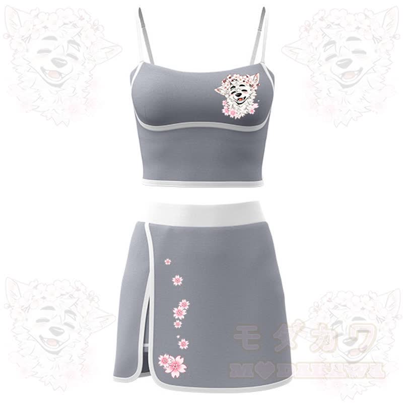 MODAKAWA X atka Cherry Blossom Wolf Print Cami Top Split Skort Two Pieces Set - Grey - 2XL - image 6