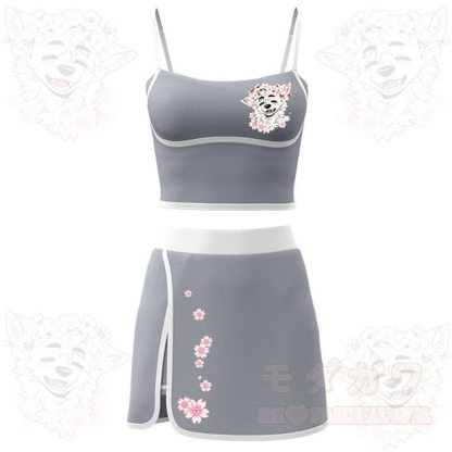 MODAKAWA X atka Cherry Blossom Wolf Print Cami Top Split Skort Two Pieces Set - Grey - 2XL - image 6