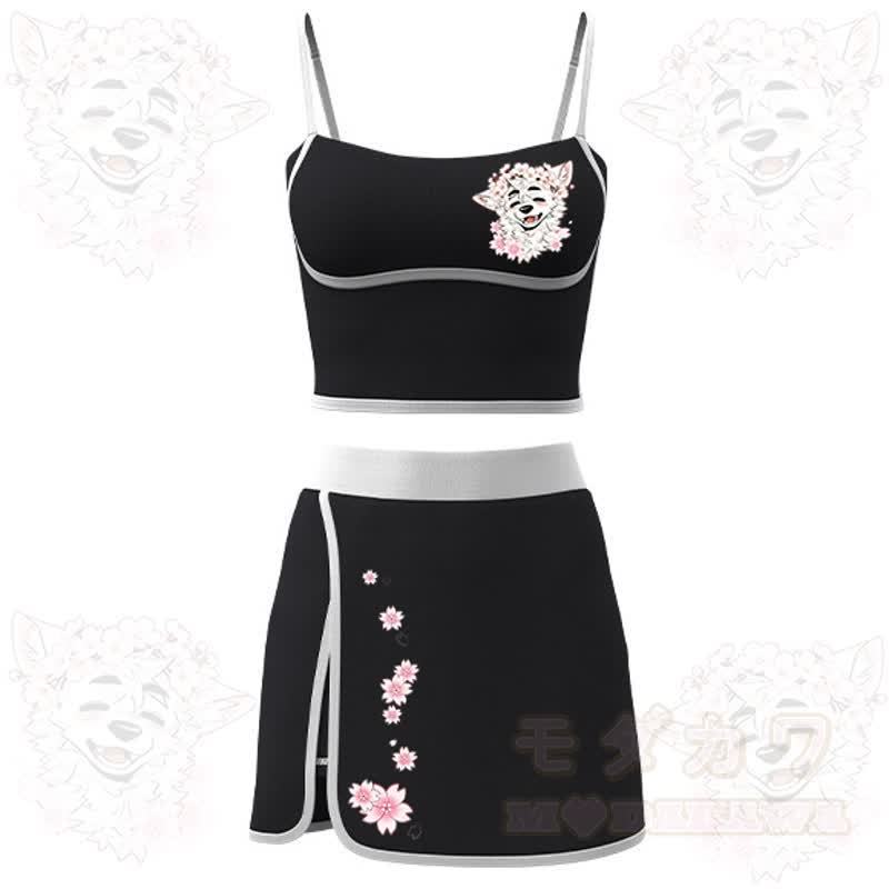 MODAKAWA X atka Cherry Blossom Wolf Print Cami Top Split Skort Two Pieces Set - Black - 2XL - image 5