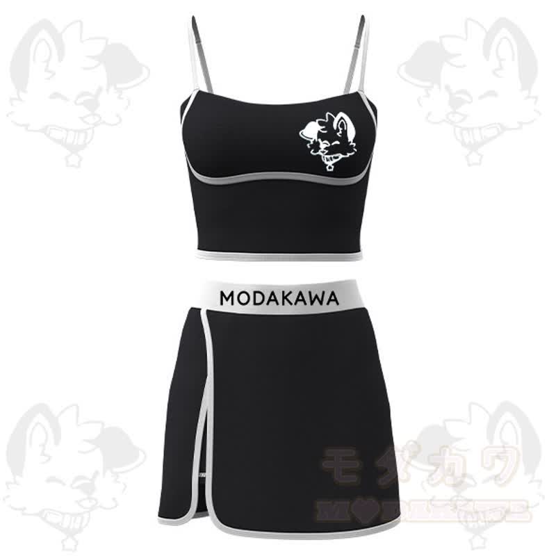 MODAKAWA X Popipeko Puppy Print Cami Top Split Skort Two Pieces Set - Black - 2XL - image 2