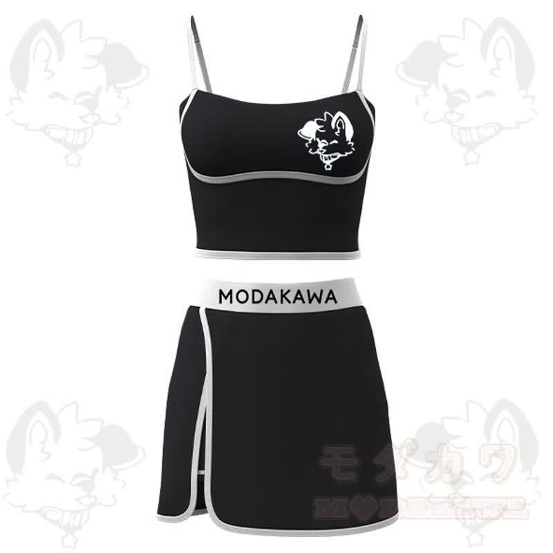 MODAKAWA X Popipeko Puppy Print Cami Top Split Skort Two Pieces Set - Black - 2XL - image 2