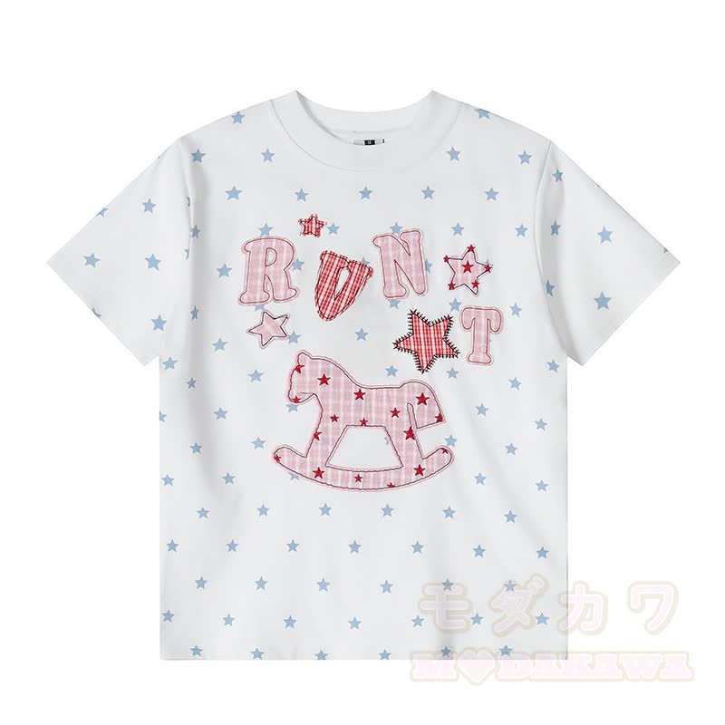 High Quality Durable Press Star Horse Embroidery T-Shirt Color Block Pants Two Pieces Set - White Top - XL - image 4