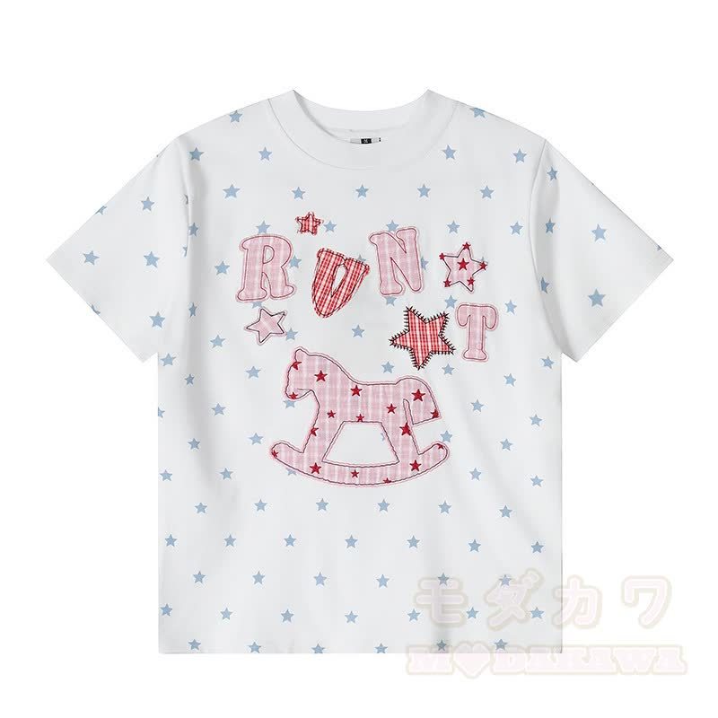 High Quality Durable Press Star Horse Embroidery T-Shirt Color Block Pants Two Pieces Set - White Top - XL - image 4