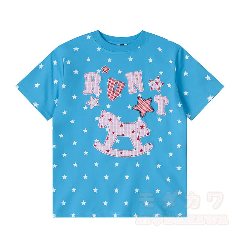 High Quality Durable Press Star Horse Embroidery T-Shirt Color Block Pants Two Pieces Set - Blue Top - XL - image 2