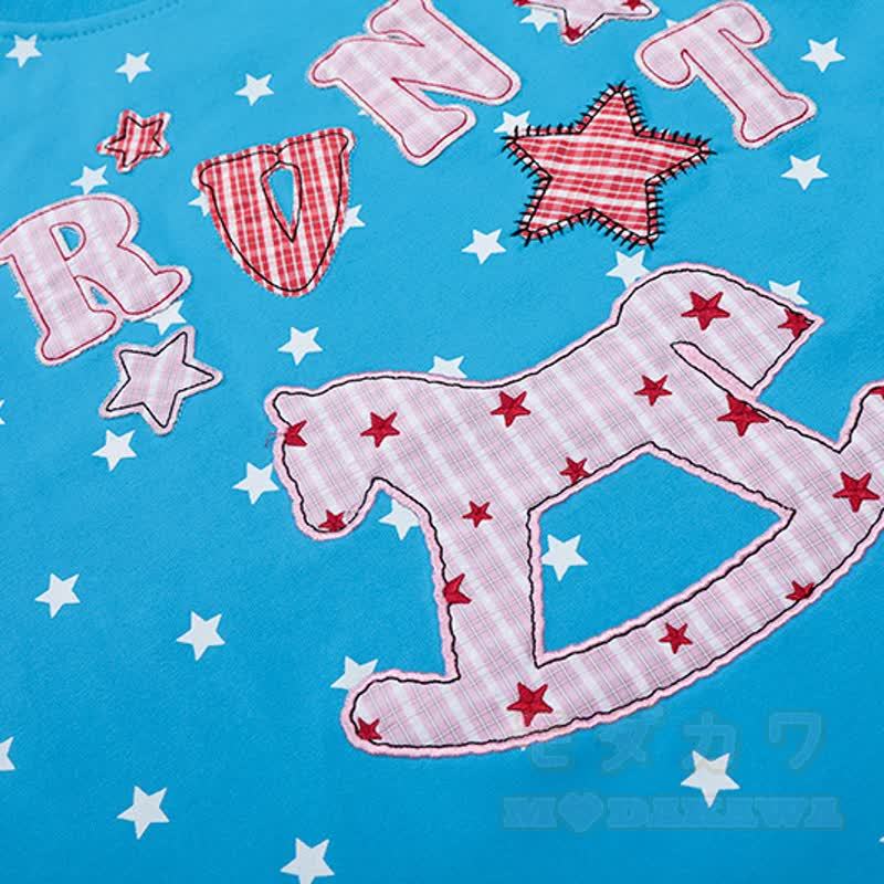 High Quality Durable Press Star Horse Embroidery T-Shirt Color Block Pants Two Pieces Set - image 5