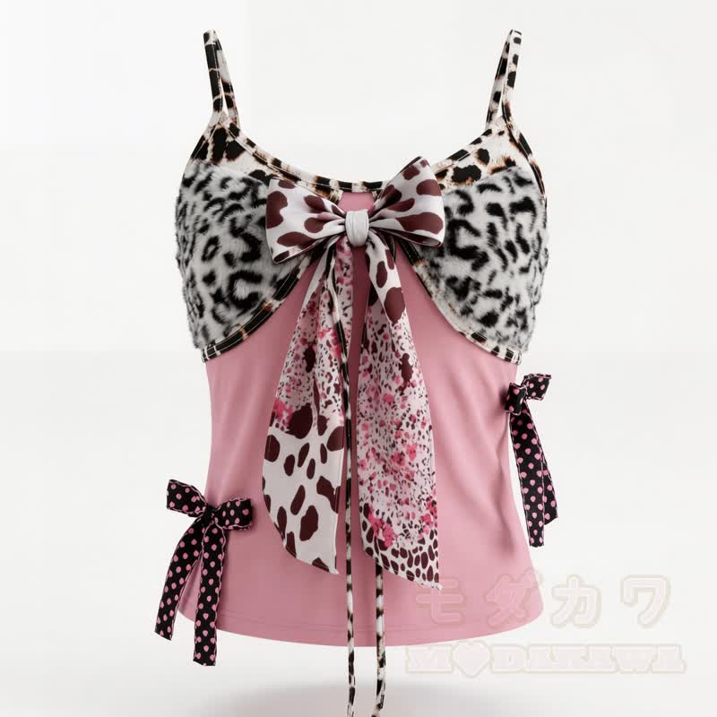 Y2k Leopard Print Bow Spliced Cami Top - image 1