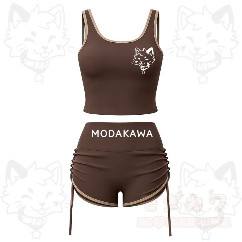 MODAKAWA X popipeko Puppy Print Cami Top Split Skort Two Pieces Set - Coffee Set - 2XL - image 4