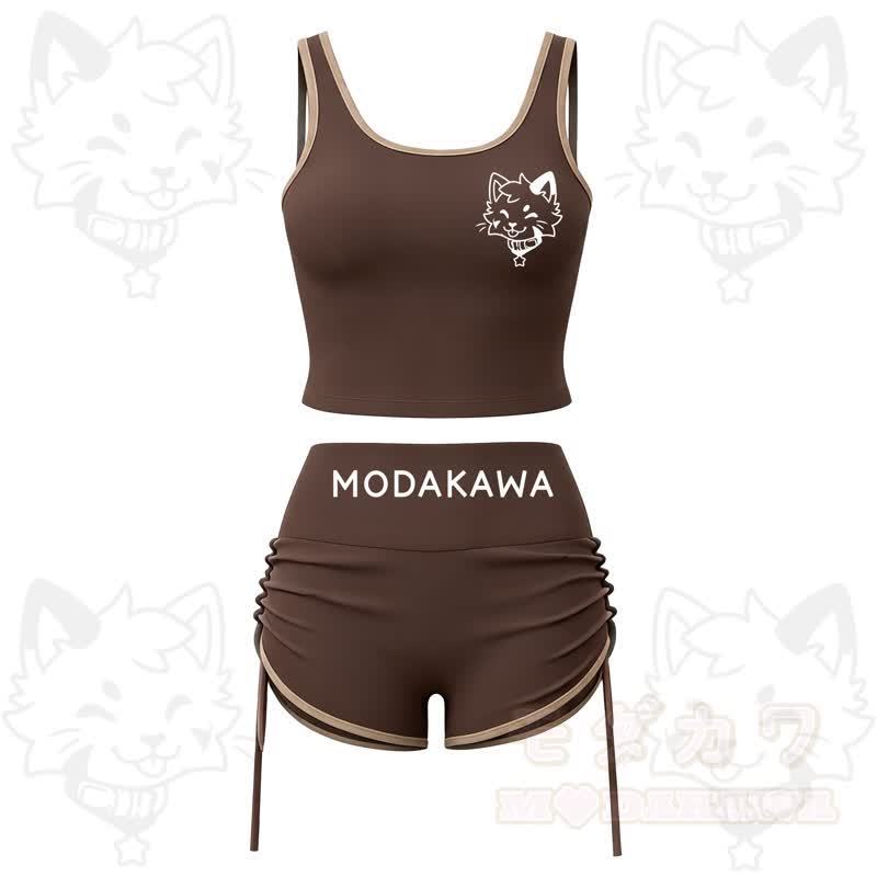 MODAKAWA X popipeko Puppy Print Cami Top Split Skort Two Pieces Set - Coffee Set - 2XL - image 4