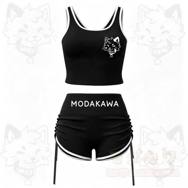 MODAKAWA X popipeko Puppy Print Cami Top Split Skort Two Pieces Set - Black Set - 2XL - image 3