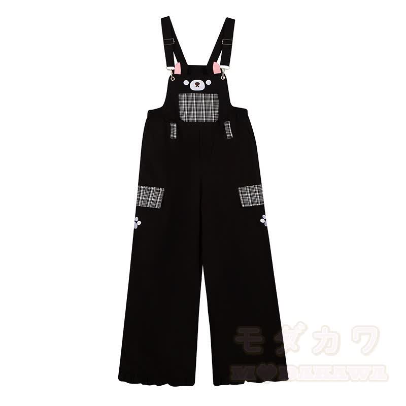 High Quality Durable Press Bear Embroidery Pendant Plaid Overalls - Black - L - image 2