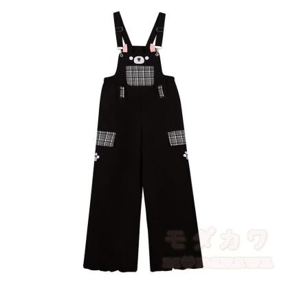 High Quality Durable Press Bear Embroidery Pendant Plaid Overalls - Black - L - image 2