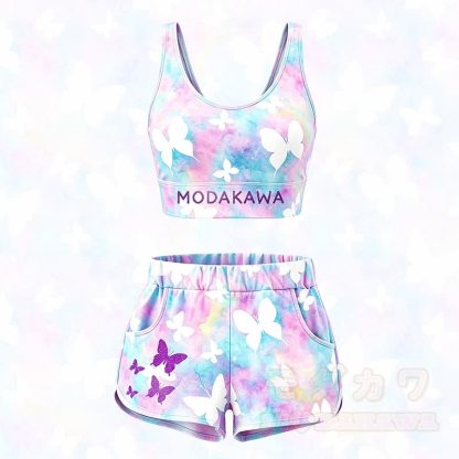 MODAKAWA Butterfly Graphic Crop Tank Sport Top Shorts Matching Outfit - Set B - 5XL - image 1