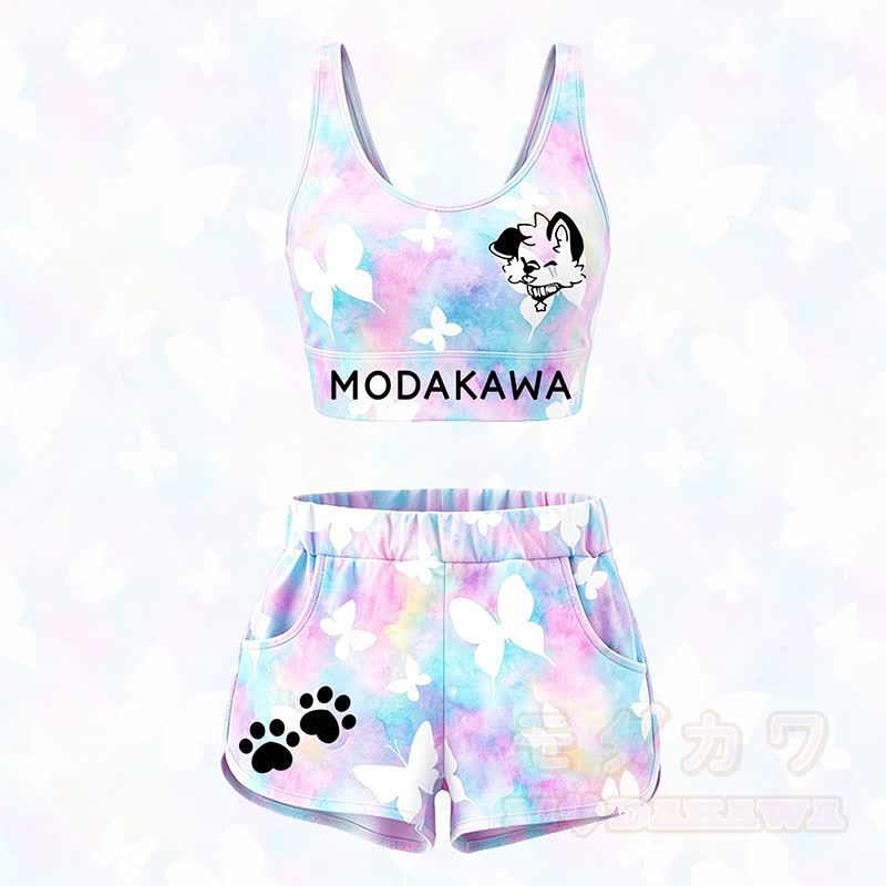 MODAKAWA X popipeko Butterfly Puppy Graphic Crop Tank Sport Top Shorts Matching Outfit - Set A - 5XL - image 1