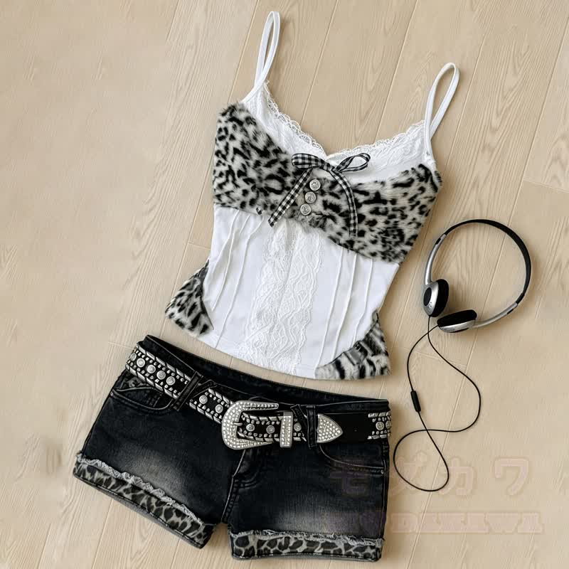 Y2k Leopard Splice Bow Cami Top Denim Shorts Two Pieces Set - image 1