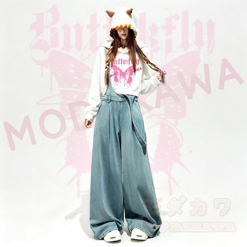 Sweet Butterfly Print Hoodie Wide Leg Denim Overalls Two Pieces Set - image 1