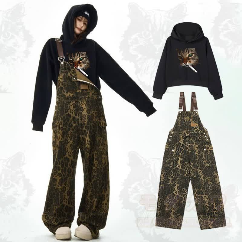 Cool Smoking Cat Print Hoodie Leopard Overalls Two Pieces Set - image 1