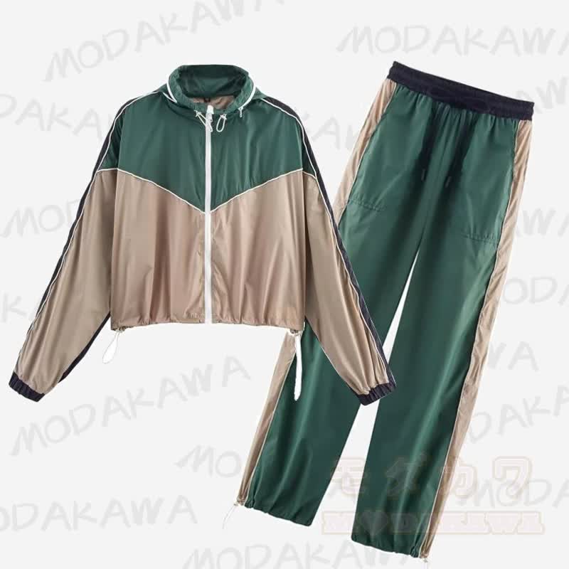 Casual Color Block Zip Up Jacket Drawstring Wide Leg Pants Two Pieces Set - image 1