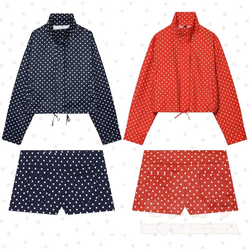Polka Dot Stand Collar Cropped Jacket And Shorts Two Pieces Set - image 1