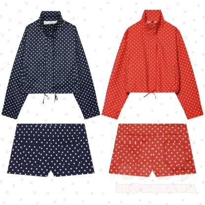 Polka Dot Stand Collar Cropped Jacket And Shorts Two Pieces Set - image 1