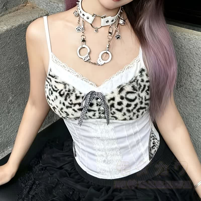 Y2k Leopard Splice Bow Cami Top Denim Shorts Two Pieces Set - image 2