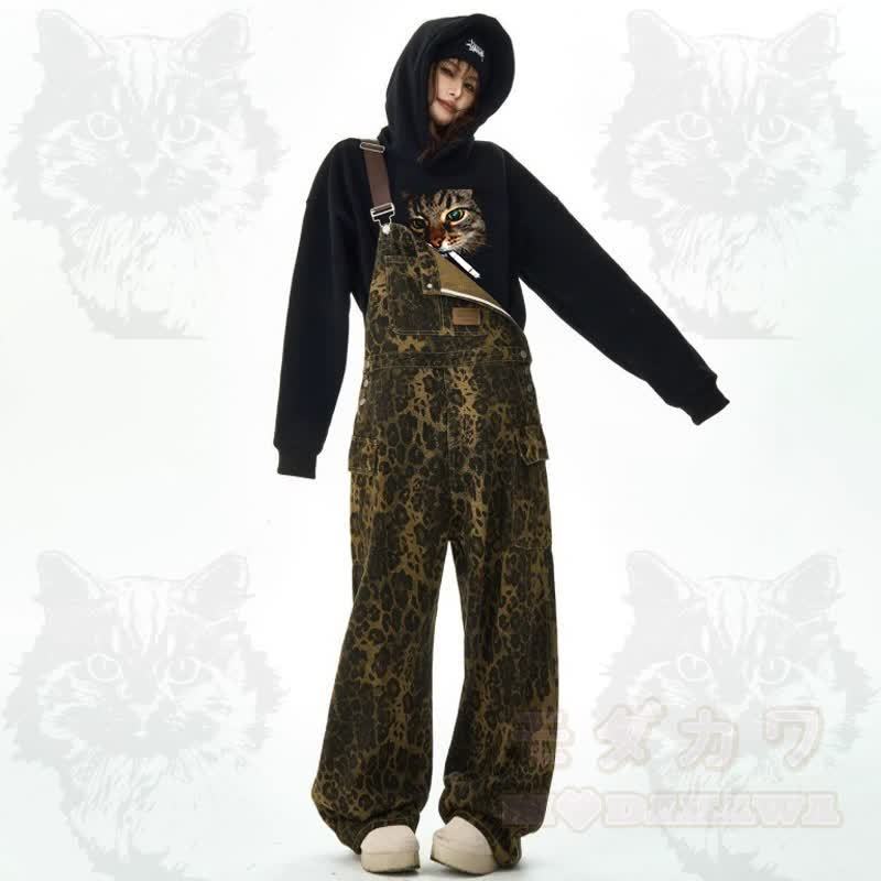 Cool Smoking Cat Print Hoodie Leopard Overalls Two Pieces Set - image 2