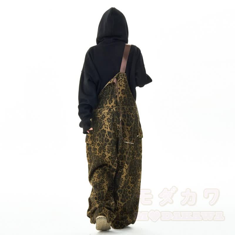 Cool Smoking Cat Print Hoodie Leopard Overalls Two Pieces Set - image 7
