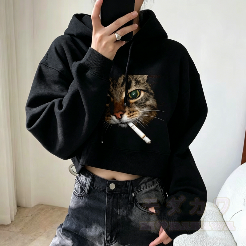 Cool Smoking Cat Print Hoodie Leopard Overalls Two Pieces Set - image 3