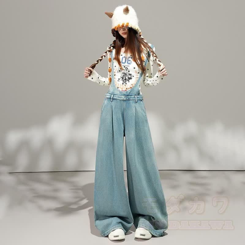 Sweet Butterfly Print Hoodie Wide Leg Denim Overalls Two Pieces Set - Pants - 3XL - image 4