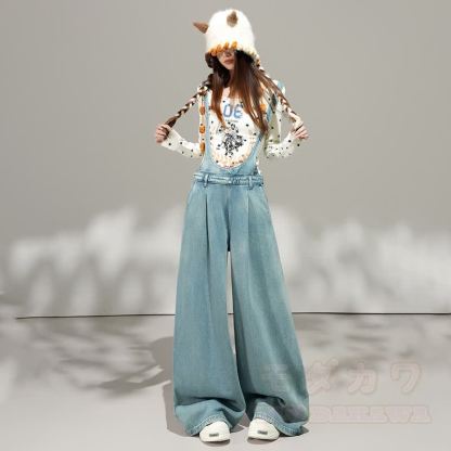 Sweet Butterfly Print Hoodie Wide Leg Denim Overalls Two Pieces Set - Pants - 3XL - image 4