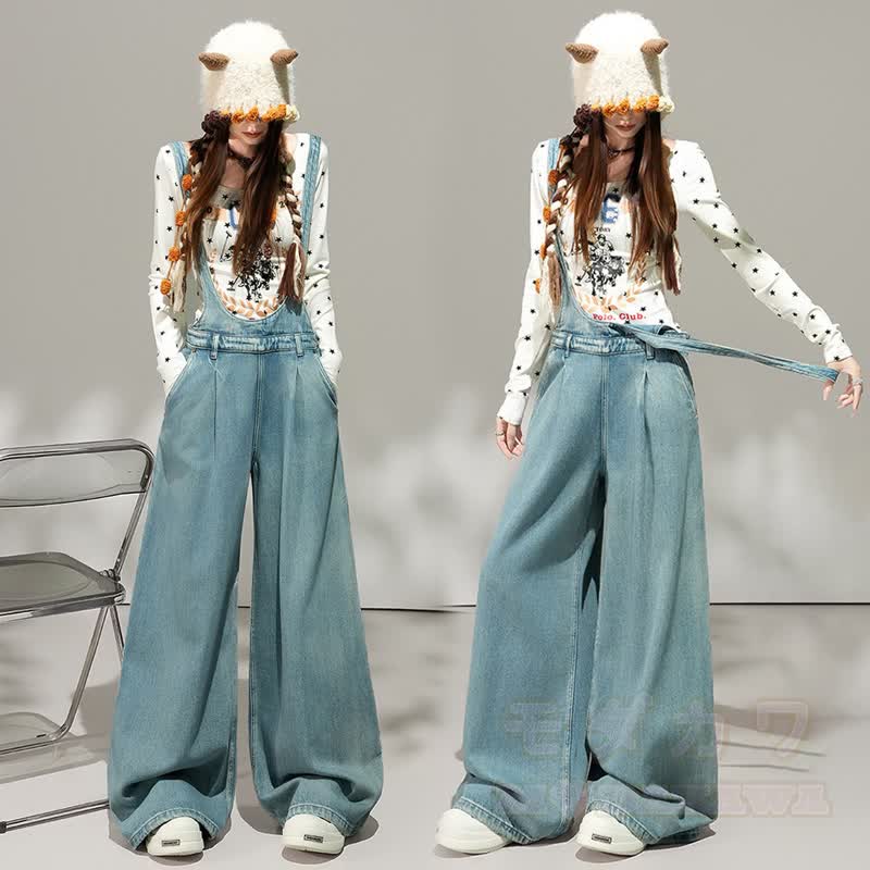 Sweet Butterfly Print Hoodie Wide Leg Denim Overalls Two Pieces Set - image 3