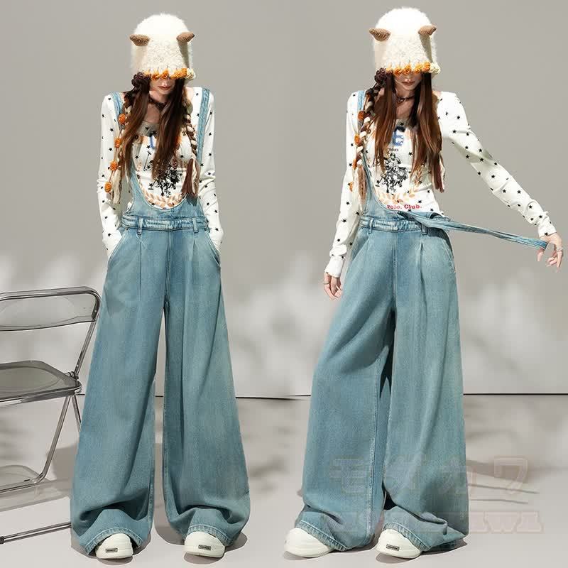 Sweet Butterfly Print Hoodie Wide Leg Denim Overalls Two Pieces Set - image 3