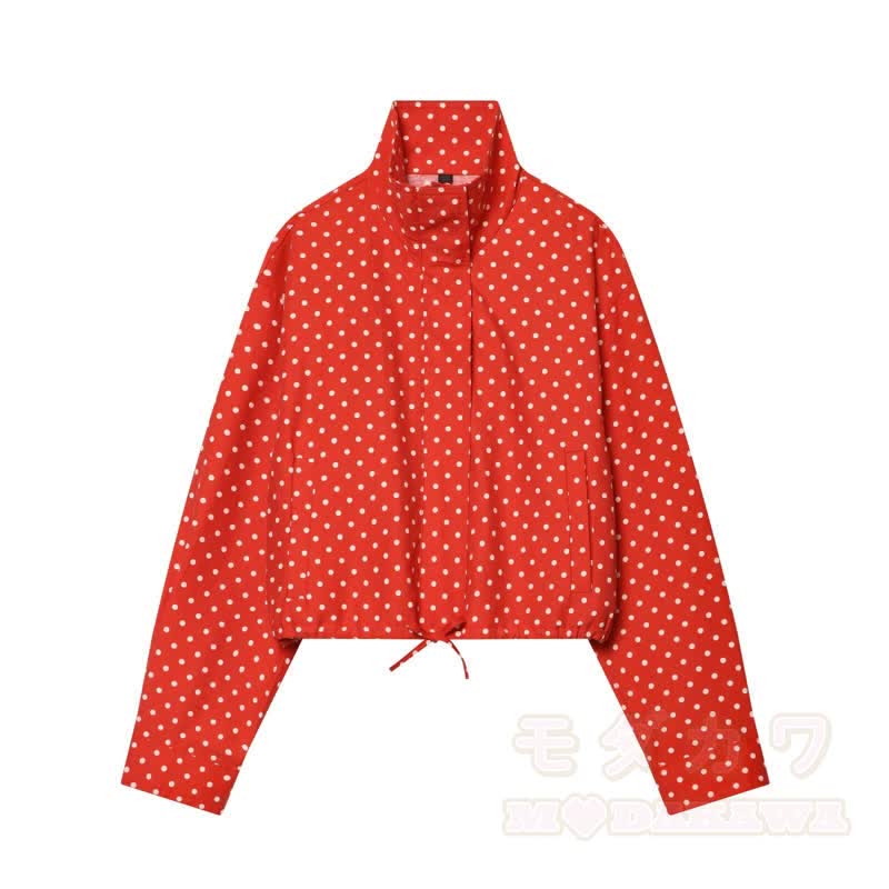Polka Dot Stand Collar Cropped Jacket And Shorts Two Pieces Set - Red Coat - L - image 2